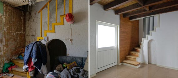 On the left, before image of old staircase with peeling paint and piles of trash. On the right, bright white room with clean wooden staircase.