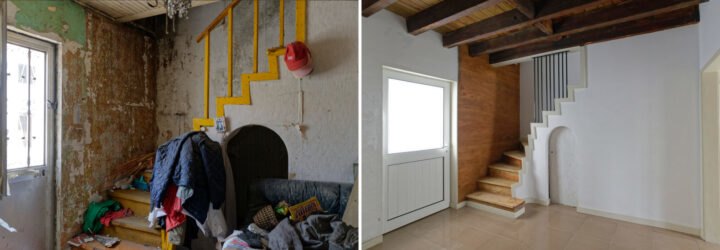 On the left, before image of old staircase with peeling paint and piles of trash. On the right, bright white room with clean wooden staircase.