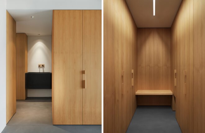 wood-lined bathroom and sauna space