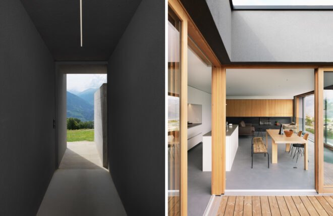 On the left, concrete corridor leading to outdoor terrace. On the right, glass walls open up to wood patio