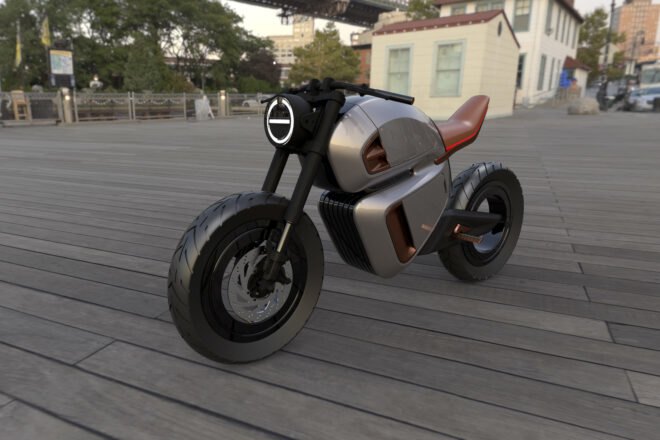 angled view of gray and orange hybrid motorcycle