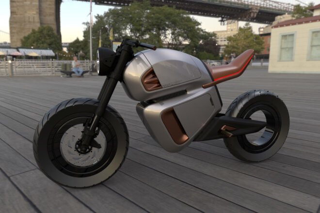 side view of gray and orange hybrid motorcycle