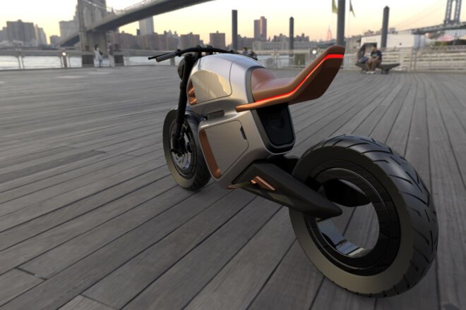 angled view from back of gray and orange hybrid motorcycle