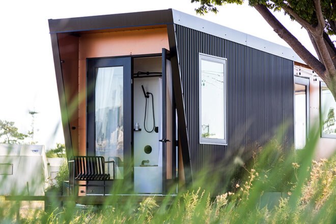 black and wood tiny home
