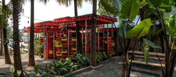 pavilion made of repurposed plastic crates