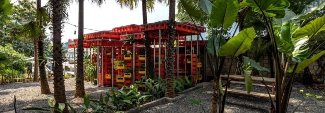 pavilion made of repurposed plastic crates