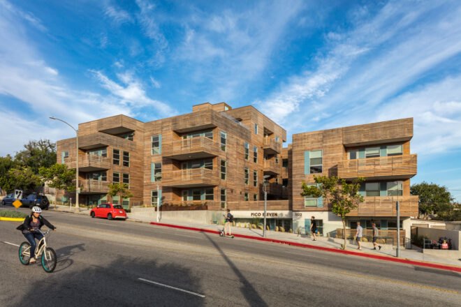 apartment complex clad in reclaimed timber
