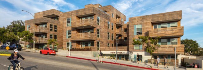 apartment complex clad in reclaimed timber