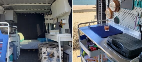 two photos. on the left: interior space of converted van, showing organizational furniture and a bed towards the back of the van. on the right: interior space of converted van, a small cooking area
