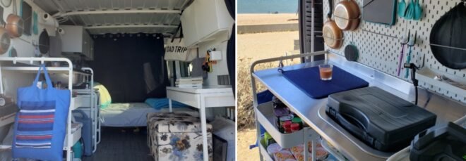 two photos. on the left: interior space of converted van, showing organizational furniture and a bed towards the back of the van. on the right: interior space of converted van, a small cooking area