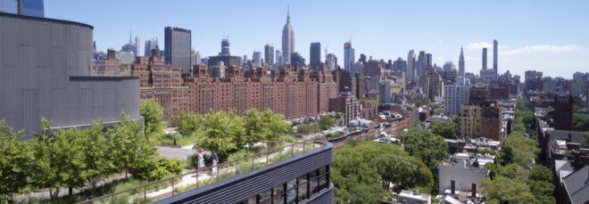a shot of the surrounding cityscape, with greenery and brick buildings