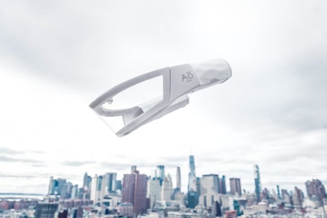 white plastic mask in the air above cityscape