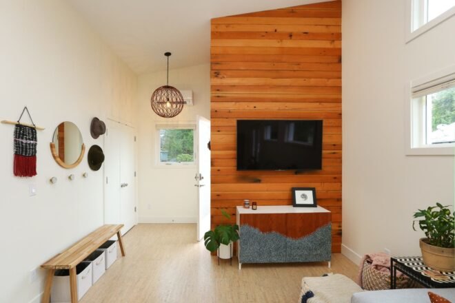 interior living space with wooden accent wall