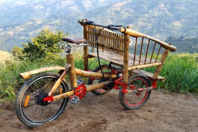 bike with large seat made out of bamboo