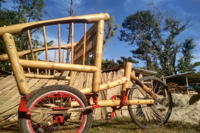 close-up shot of bamboo bicycle with large seat