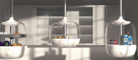three containers hanging from the ceiling in a kitchen