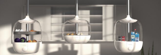three containers hanging from the ceiling in a kitchen