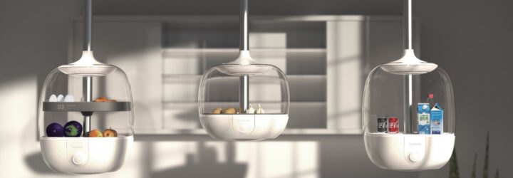 three containers hanging from the ceiling in a kitchen