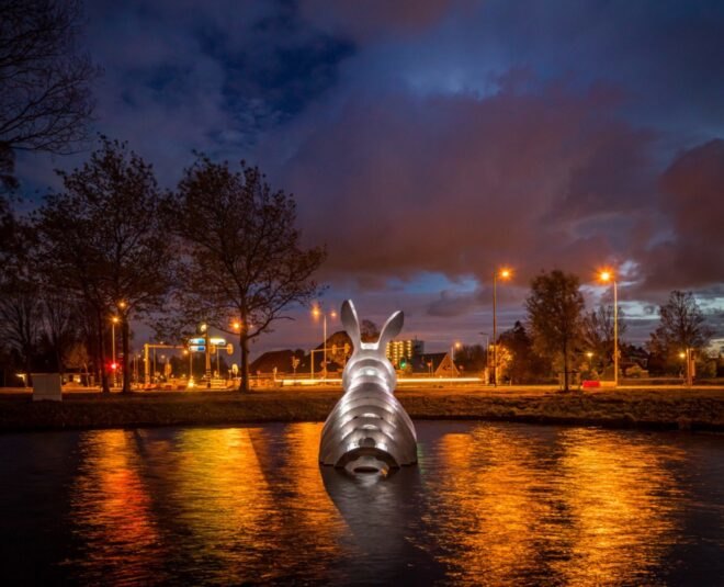 3d-printed bunny sculpture glowing with white LED lights