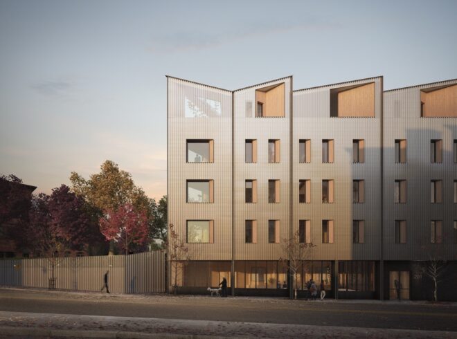 a building rendering with paneled facade and windows
