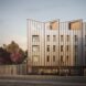 a building rendering with paneled facade and windows