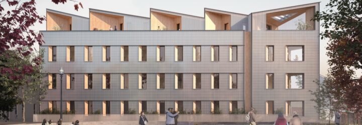 a closeup of a building rendering with paneled facade and windows