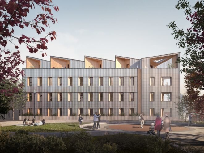 a building rendering with paneled facade and windows. people walk and lounge in a courtyard area in front of the building