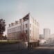 a view from the corner of a building rendering with paneled facade and windows. to the left is a raised green area with a tree. to the right is a city street.