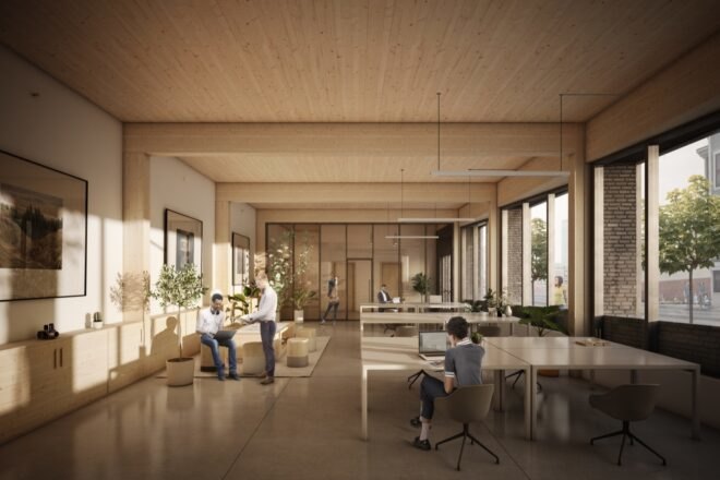 rendering of an interior of the building, featuring wood cabinets and ceiling. people sit at computers in the room