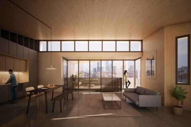 rendering of an interior of the building, featuring wood cabinets, ceiling and walls. the room is decorated like a home living space. to the left, a person washes dishes at a sink, and to the right a person stands near the outdoor blacony and stares into the distance