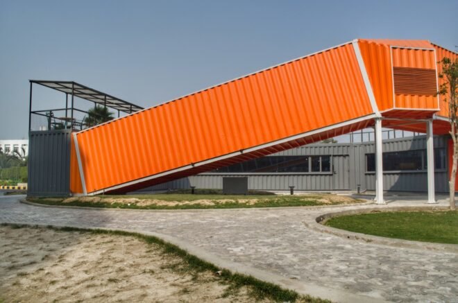 angled orange shipping container