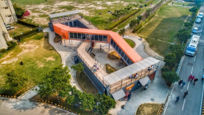 aerial view of orange and gray shipping container building