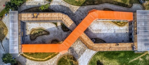 aerial view of orange and gray shipping container building