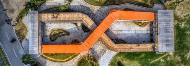 aerial view of orange and gray shipping container building