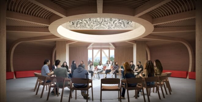 rendering of people sitting in a circle under a round skylight