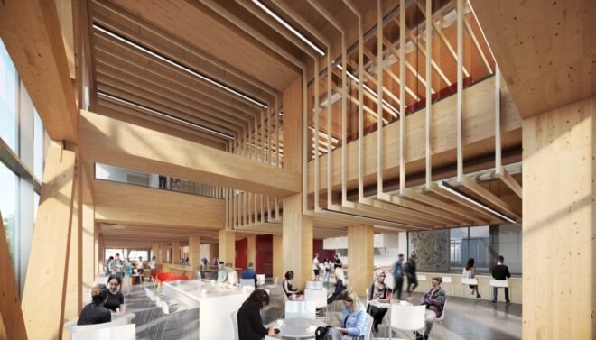 large rooms with big windows and wood-beamed ceilings