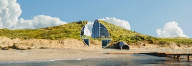 a round home with ample windows embedded into a beach landscape