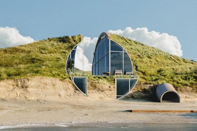 a curved home cut in two by a central walkway