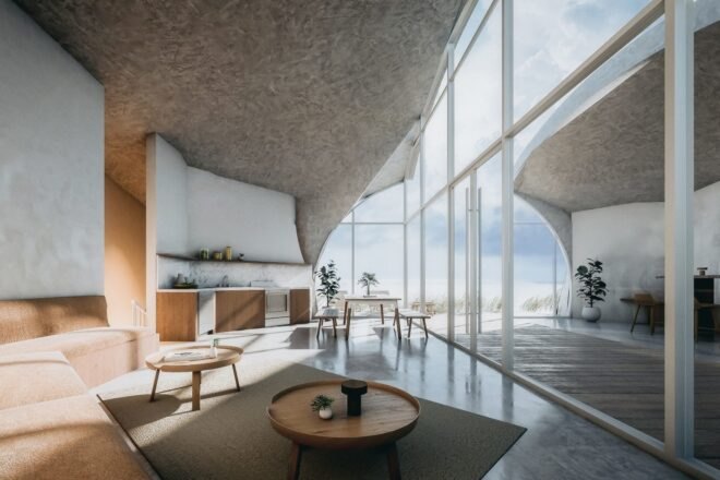 a modern interior living space with massive wall of windows