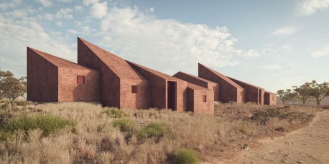 rendering of angular brick homes in the desert