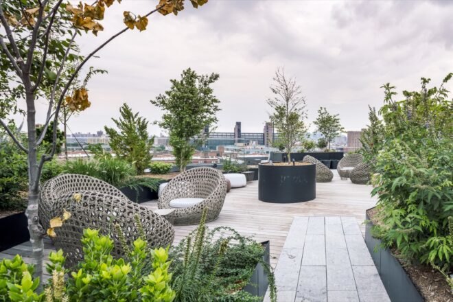 rooftop garden lounging area with chairs