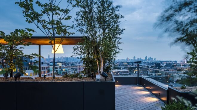 rooftop lounge area with covered seating