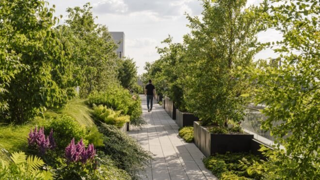 a walkway through a rooftop garden