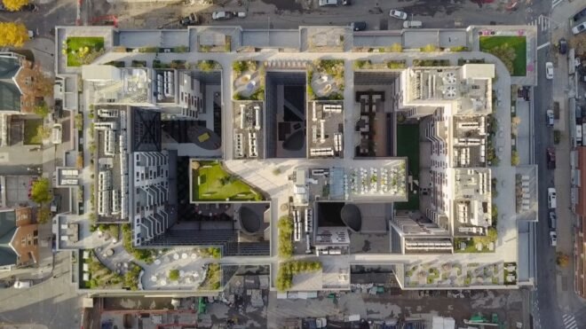 overhead view of a multi-structure development