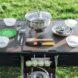 camping table with burner on top