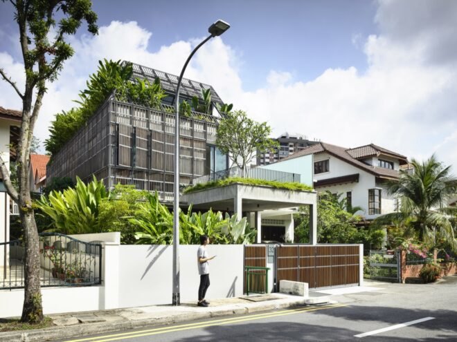 white and timber home covered in plants