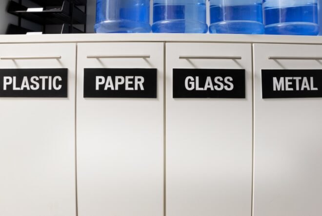 closeup of trash cans labelled for plastic, paper, glass and metal