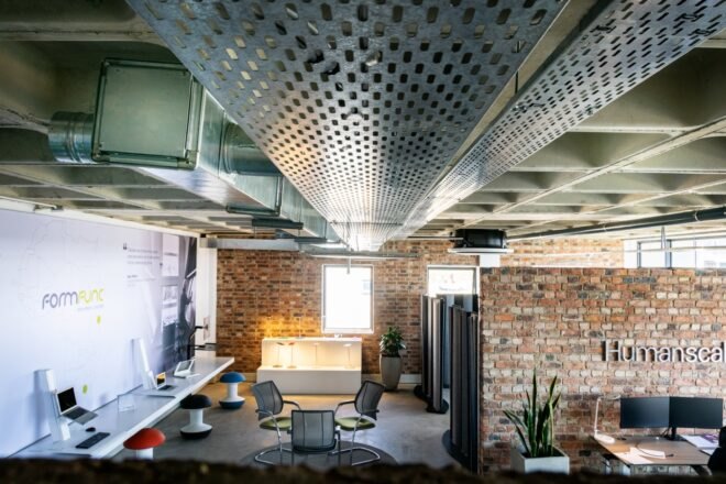 interior office space with brick walls