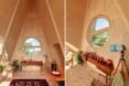 wood-lined living space with red decor