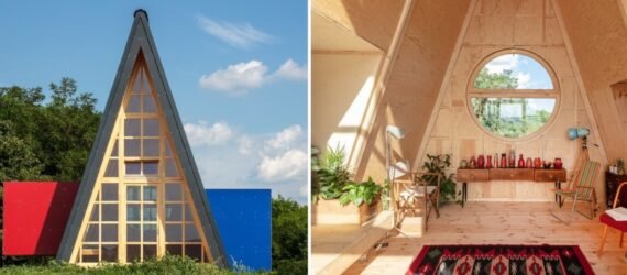 an A-frame cabin with light-filled, wood-lined interior